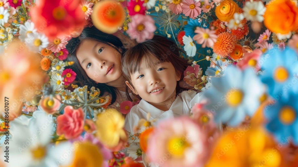 Two children are lying in a field of flowers, surrounded by a colorful Two children are lying in a field of flowers, surrounded by a colorful