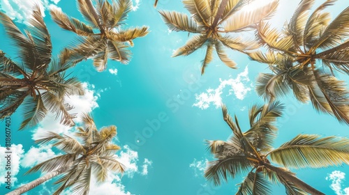 Picturesque palm trees framed by a perfect blue sky, looking up from below, highlighting tropical elegance