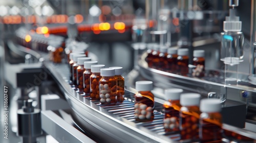 Pharmaceutical production line with conveyor belt  rows of pills and medicine bottles  close-up  meticulous detail  modern lab setting