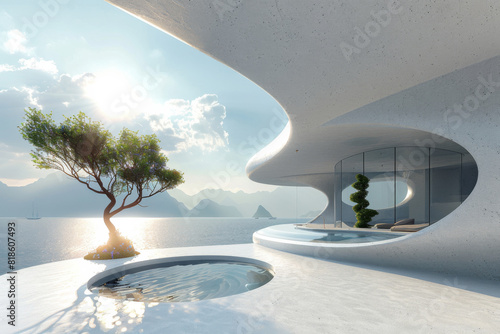 Modern buildings by the lake. Empty architectural background.
