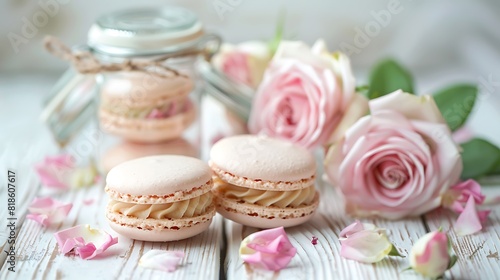 Two tasty French macarons and a jar with beautiful roses on a white wooden background