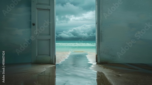 Open door to a turquoise beach  sandy path leading to the water  rainy day with overcast skies  reflections on wet sand