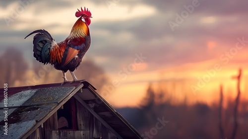 Majestic Rooster on a Rustic Farmhouse Roof at Dawn, Symbolizing New Beginnings and Nature's Wake-Up Call. Vivid Sunrise Hues Embrace Rural Life. AI