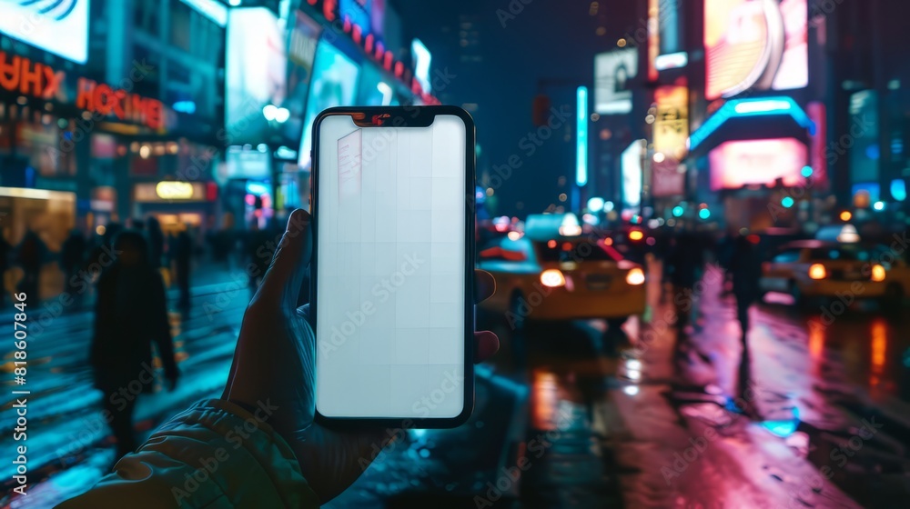 hand holding a smartphone in a busy city street at night. hand holding a smartphone in a busy city street at night.