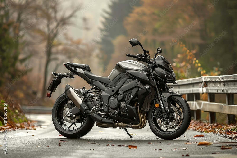 Black Motorcycle on Wet Autumn Road