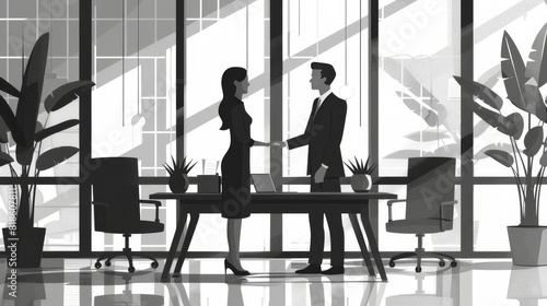 Two professionals, a man and a woman, stand in an office and shake hands.