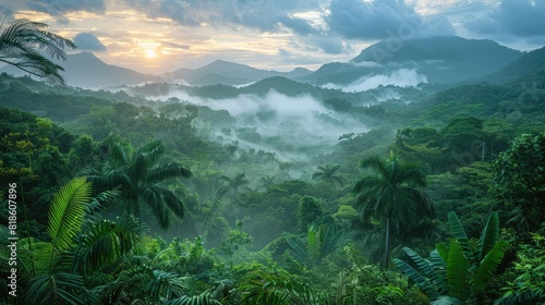 Fototapeta Naklejka Na Ścianę i Meble -  The lush green landscape of the jungle scene