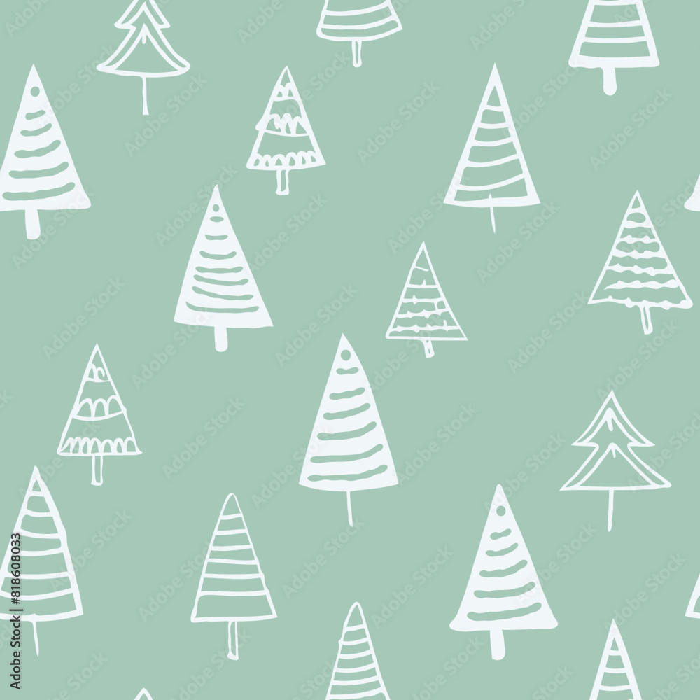 Obraz premium Seamless pattern vector illustration of pines and christmas trees, cute pastel minimalist backdrop ornament for fabric, clothes, textile, package, present, card, banner decoration