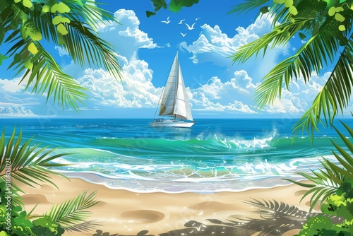 Sailboat on Tropical Ocean with Palm Trees