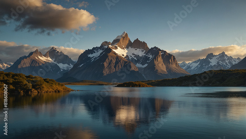 The image shows a mountain range with snow-capped peaks  with a lake in the foreground reflecting the mountains.  