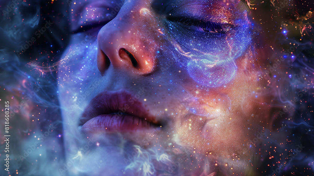 A woman peacefully drifts through space, her eyes gently closed, surrounded by the vast unknown of the cosmos. Generative AI
