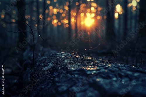 Sunset in Dark Enchanted Forest