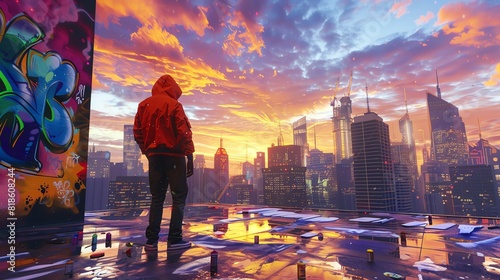 A graffiti artist in action on an urban rooftop, vibrant mural blending elements of impressionism and futurism, city skyline in the background under a dawn sky, 3D CG rendering photo