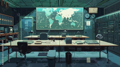 Retrofuturistic command center. 80s aesthetic. Green monitors glow. A large world map. Analog and digital technology.