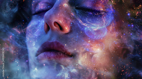 A woman peacefully drifts through space  her eyes gently closed  surrounded by the vast unknown of the cosmos. Generative AI