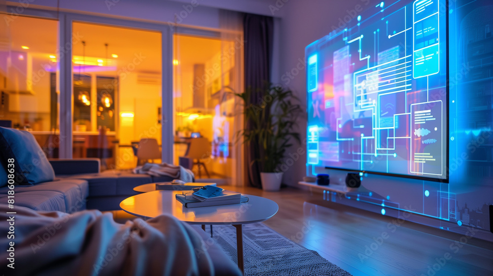 Step into a futuristic living room with sleek, cutting-edge design and a state-of-the-art TV, featuring advanced technology and a modern aesthetic. Generative AI