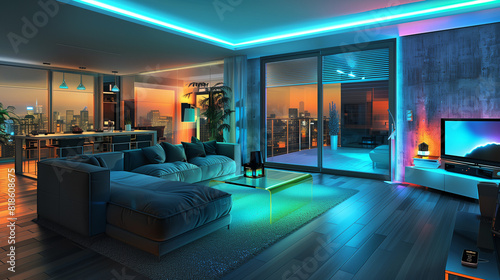 The living room is aglow with colorful lights, creating a vibrant and magical atmosphere. Generative AI © Pavel Lysenko