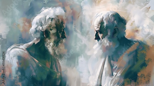 Frontal view of philosophers in deep discussion, impressionist technique with soft brush strokes, pastel color palette, capturing intellectual intensity and expressive emotion