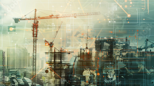 Modern infrastructure compound building backdrop is enriched with cranes, tools, and an infographic, forming a futuristic scene.