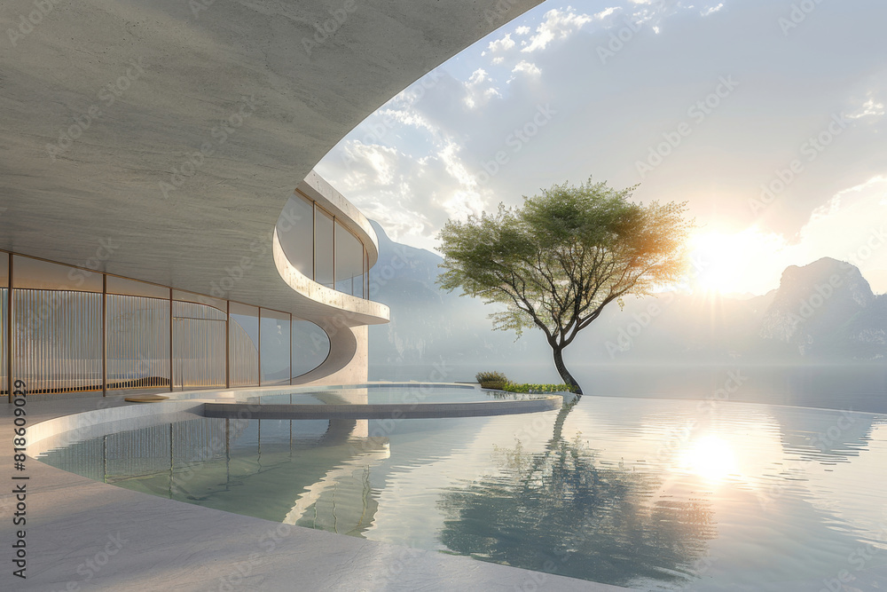 Fototapeta premium Modern buildings by the lake. Empty architectural background. 