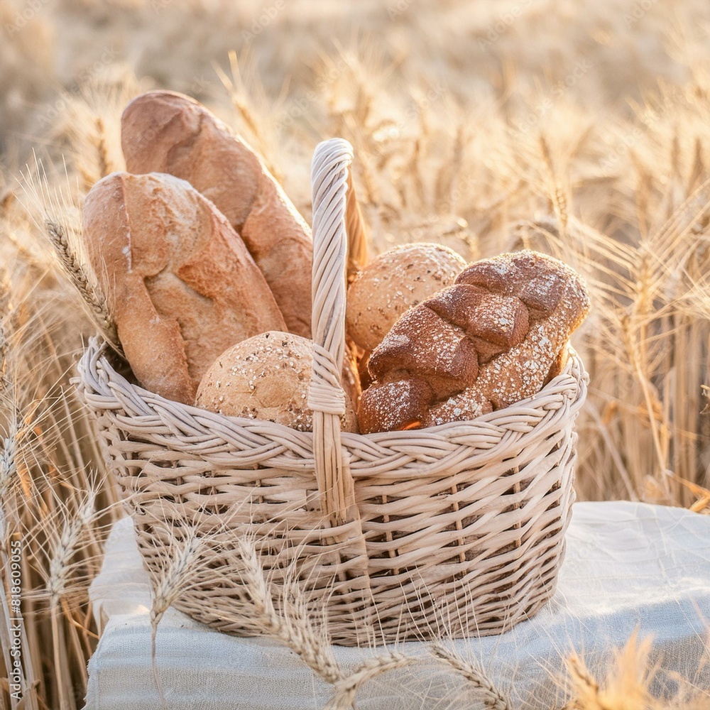 basket of bread,A rustic woven basket overflows with freshly baked pastries and bread