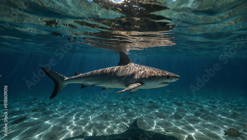 A large shark is swimming in a deep blue ocean. The shark has a dark grey body with white spots and a white belly.