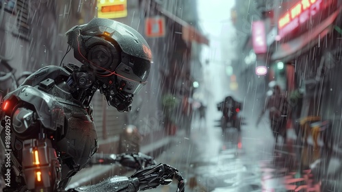 Side view of a robotic breakdancer in a futuristic dystopian alley