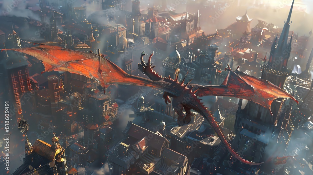 Wide-angle view of a majestic dragon soaring over a bustling futuristic city, rich in intricate details, vibrant hues, photorealistic digital art
