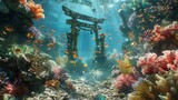 Wide-angle underwater view, vibrant coral reef bustling with marine life, traditional Japanese torii gate emerging from coral, realistic details, dynamic lighting, photorealistic