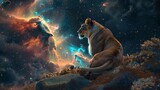 Wide-angle view, a lioness under a starry galaxy, glowing nebulae in the background, oil painting style, blending wildlife and space exploration, vivid colors and detailed textures