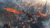 Wide-angle view of a majestic dragon soaring over a bustling futuristic city, rich in intricate details, vibrant hues, photorealistic digital art