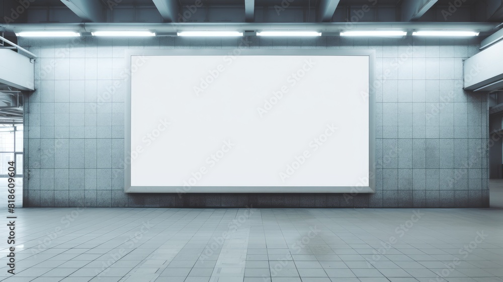 Blank white billboard in a subway station with tiled walls and a gritty, urban atmosphere. Billboard is rectangular and made of white metal and handing on wall. Copy space. Public transport. AIG35.