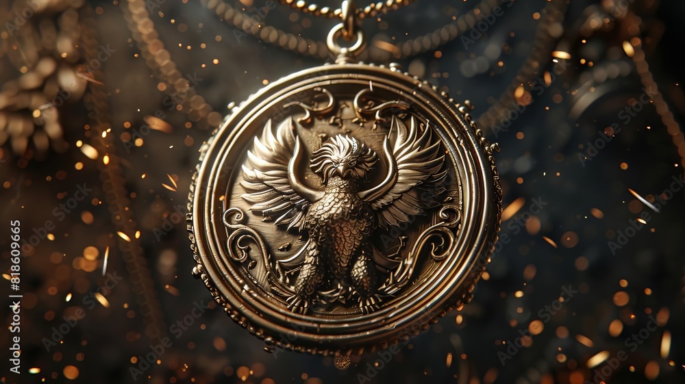 A detailed golden emblem featuring an eagle, surrounded by fiery sparks and dramatic lighting, symbolizing power and glory.
