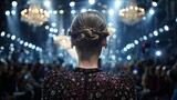 A famous fashion model walking backstage at a fashion show, seen from behind, with the hustle and bustle of the event,