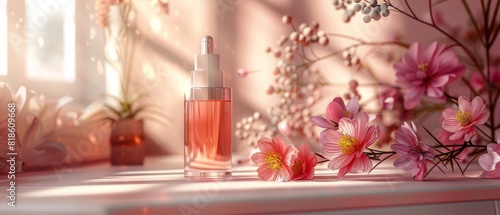 A bottle of perfume is displayed on a table next to a vase of flowers