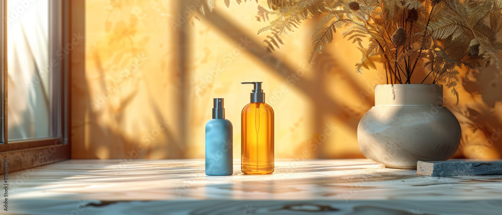 Two bottles of lotion are on a table next to a vase Two bottles of lotion are on a table next to a vase