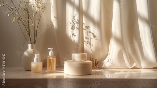 A table with a vase, a bottle, and a bowl of cream