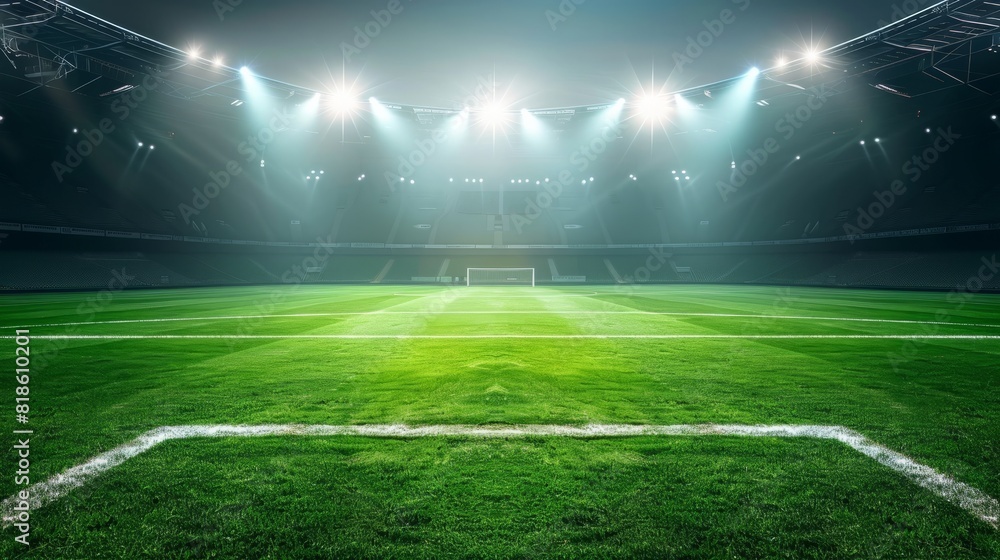 Obraz premium Football stadium arena for match with spotlight. Soccer sport background, green grass field for competition champion match.