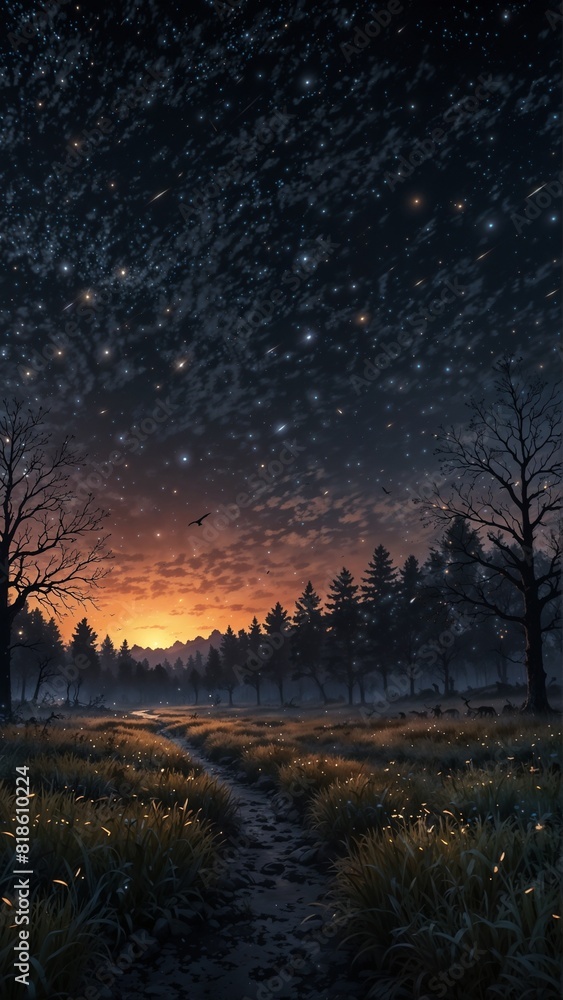 Pathway in the forest meadow with mystical scene showing the starry night sky and sunset Pathway in the forest meadow with mystical scene showing the starry night sky and sunset