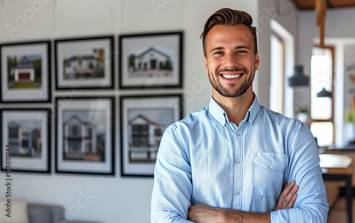 Smiling real estate agent, presenting construction prospects to clients, photographs of houses for sale behind the real estate agent photo