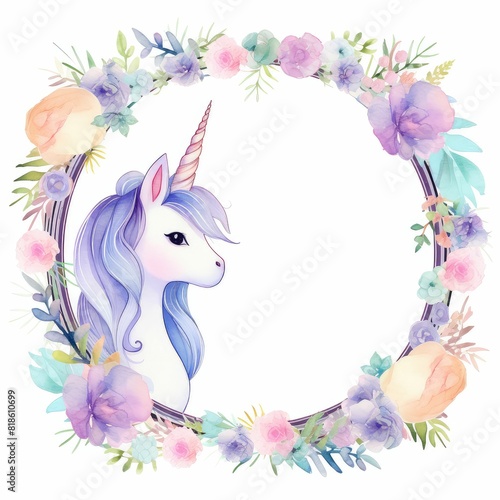 cute pastel unicorn themed frame or border for photos and text  watercolor illustration  Perfect for nursery art  simple clipart  single object  white color background.