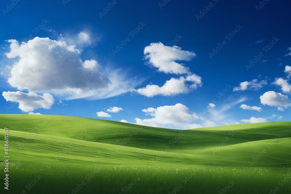 A beautiful summer or spring landscape with green grass on the hills and green fields. The blue sky is filled with white clouds and bright sunlight. Nature as a background.