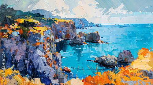 A cliffside landscape oil painting on canvas, with bold brushstrokes and striking colors photo