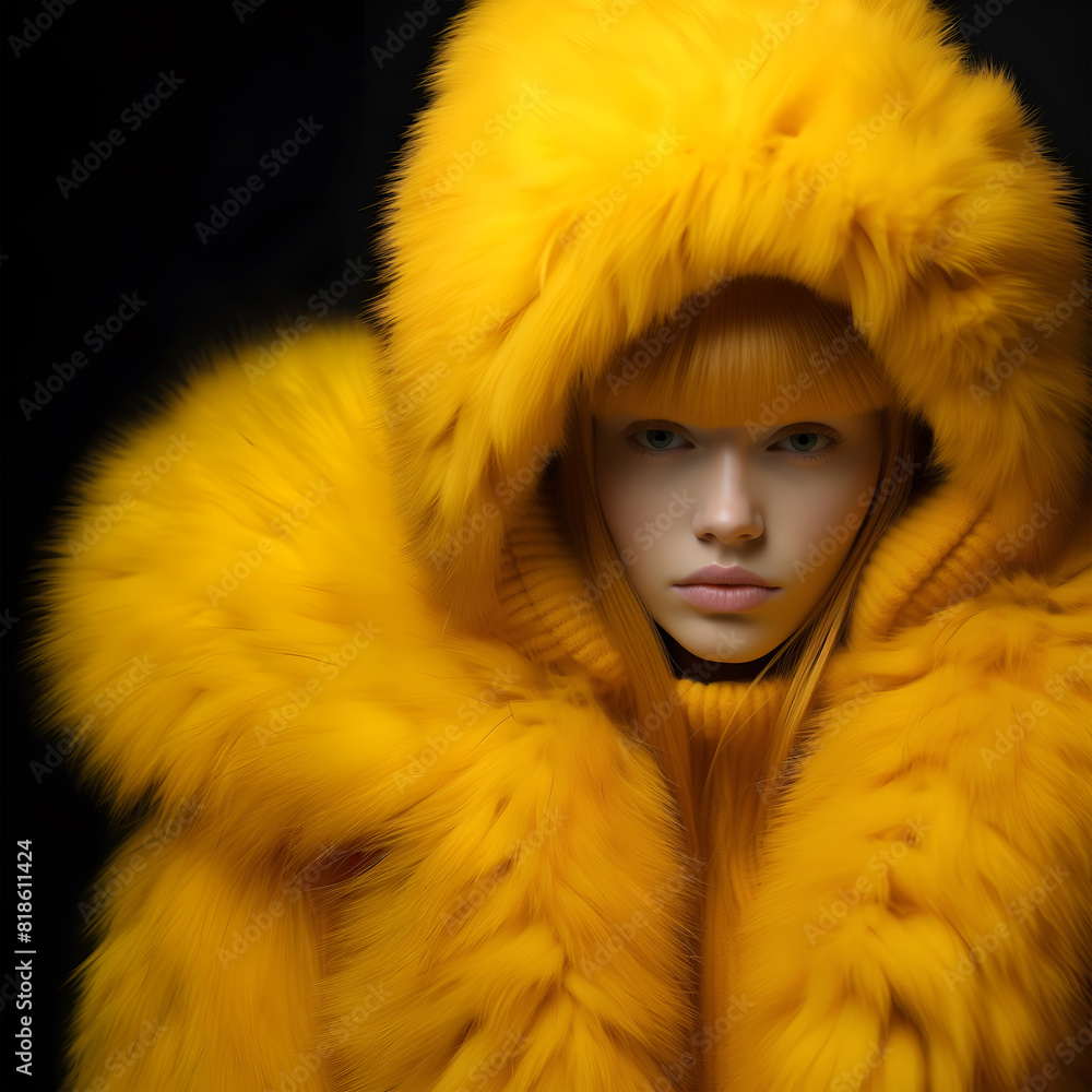 Fashion editorial Concept. Stunning beautiful woman in yellow gold luxury fancy chic luxurious impeccable fur coat and hair. illuminated dynamic composition dramatic lighting. copy text space Fashion editorial Concept. Stunning beautiful woman in yellow gold luxury fancy chic luxurious impeccable fur coat and hair. illuminated dynamic composition dramatic lighting. copy text space