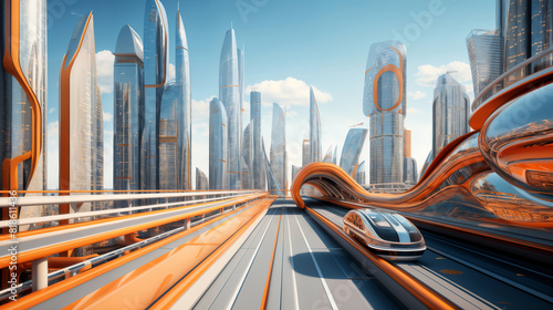 Futuristic metropolis  panoramic view of transport highway and skyscrapers  blue sky and bright sunny day