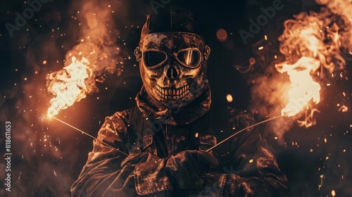 A post-apocalyptic survivor wearing a skull mask and welding goggles stands in a burning forest, holding two road flares. photo