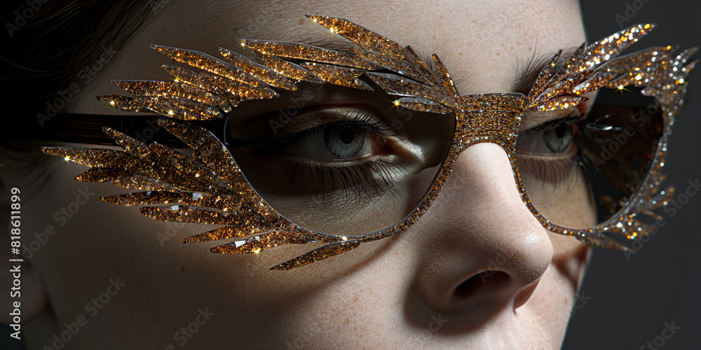 Φωτογραφία Schönes Frauen Gesicht mit ausgefallener Designer Brille mit Stacheln in Nahaufn