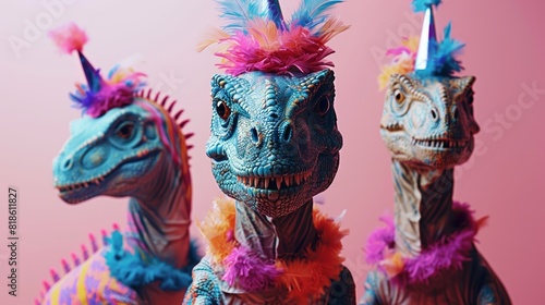 Vibrant Dinosaur Characters in Fashionable Outfits for Advertising Generative AI