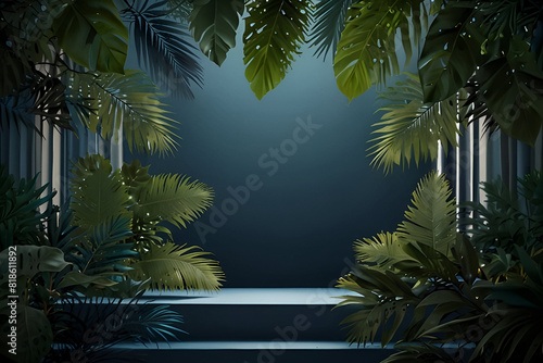 Tropical leaves around blue background.