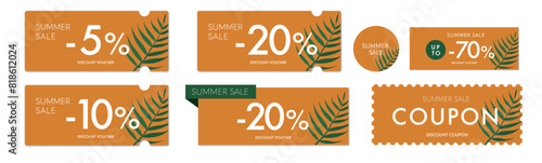 夏のセールに使える南国の葉っぱとオレンジのクーポンベクターセット2